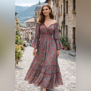 Silk Paisley Maxi Dress | Smocked Waist & Ruffle Hem Size L (Busty M–L) | Italy